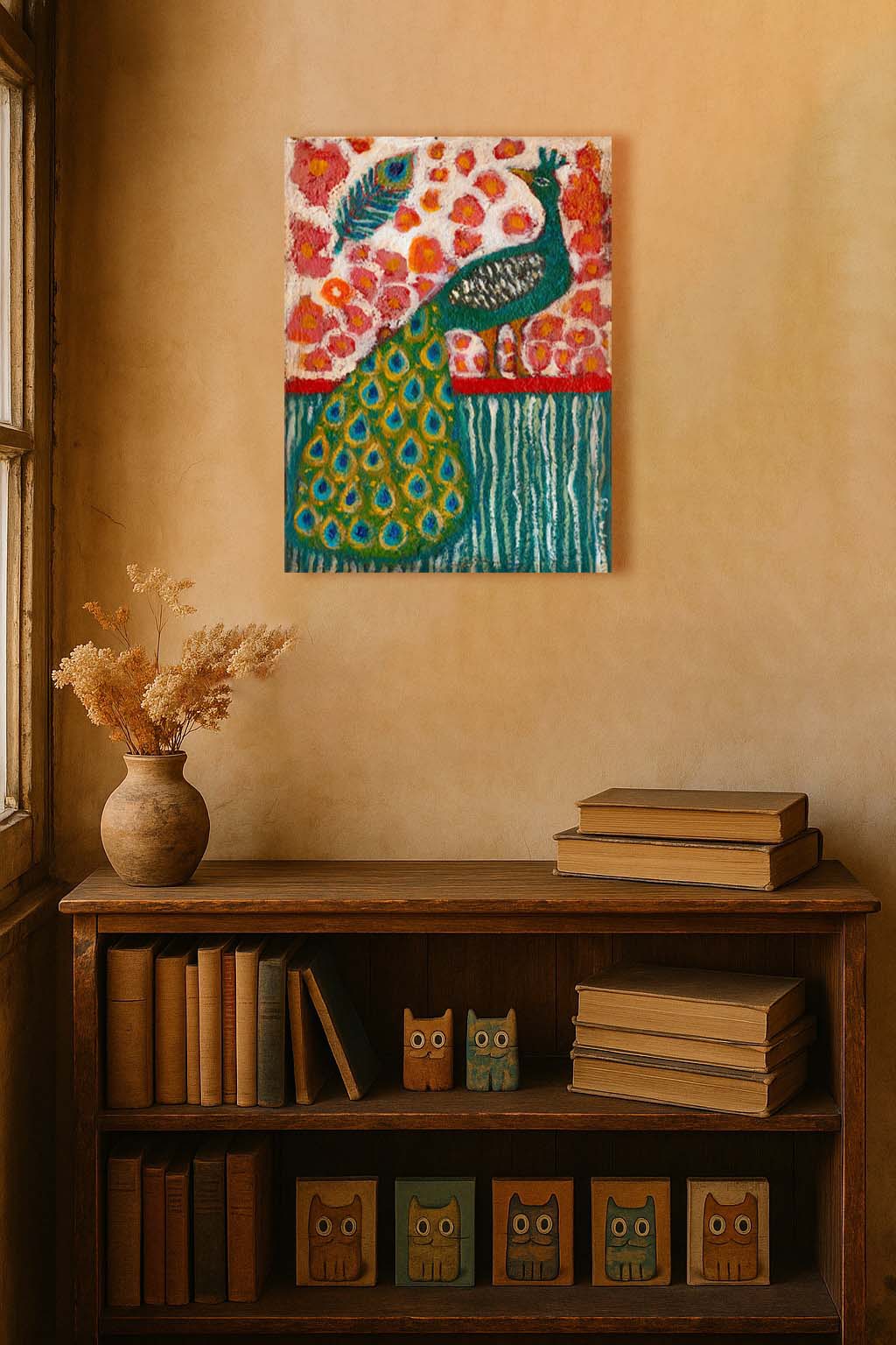 “The Peacock’s Garden” by Idania Salcido, 9x12” acrylic on canvas—folk-art elegance with vibrant blooms and rich jewel tones for your home décor.