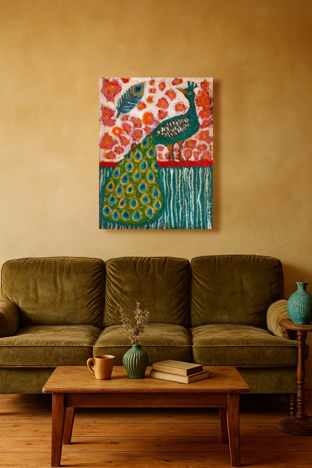 “The Peacock’s Garden” by Idania Salcido, 9x12” acrylic on canvas—folk-art elegance with vibrant blooms and rich jewel tones for your home décor.