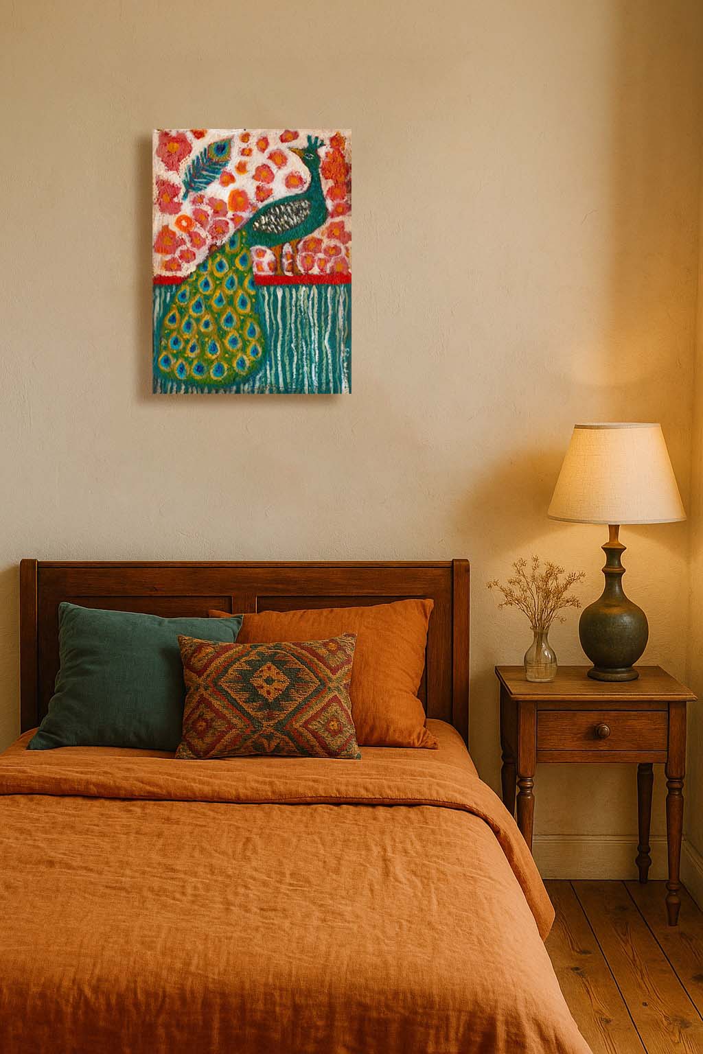 “The Peacock’s Garden” by Idania Salcido, 9x12” acrylic on canvas—folk-art elegance with vibrant blooms and rich jewel tones for your home décor.