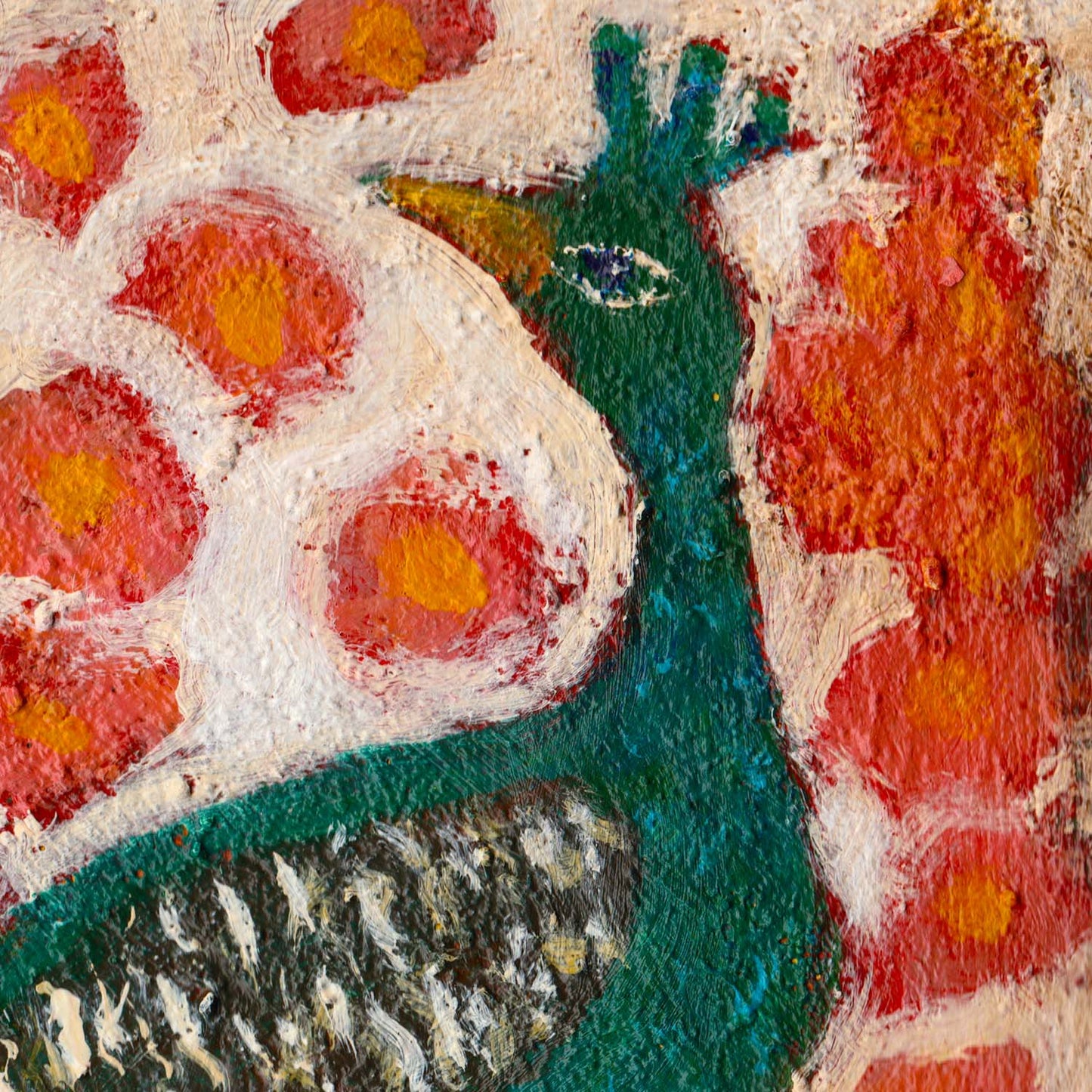 “The Peacock’s Garden” by Idania Salcido, 9x12” acrylic on canvas—folk-art elegance with vibrant blooms and rich jewel tones for your home décor.