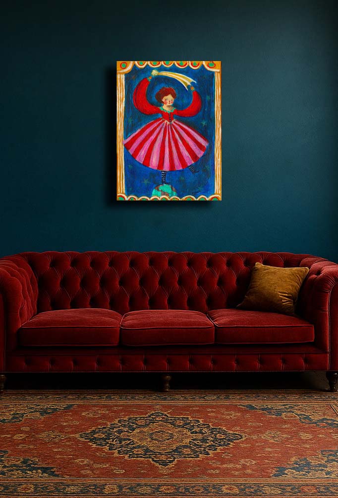 Step into magic with “THE JUGGLER OF WORLDS” by Idania Salcido. A 9x12” acrylic on canvas—folk-art whimsy perfect for collectors and joyful, art-filled homes.