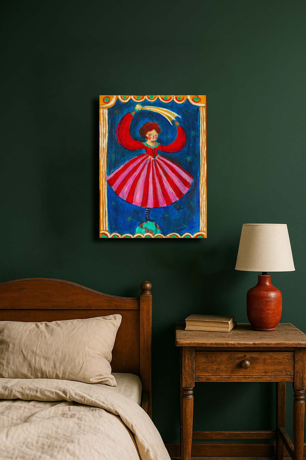 Step into magic with “THE JUGGLER OF WORLDS” by Idania Salcido. A 9x12” acrylic on canvas—folk-art whimsy perfect for collectors and joyful, art-filled homes.