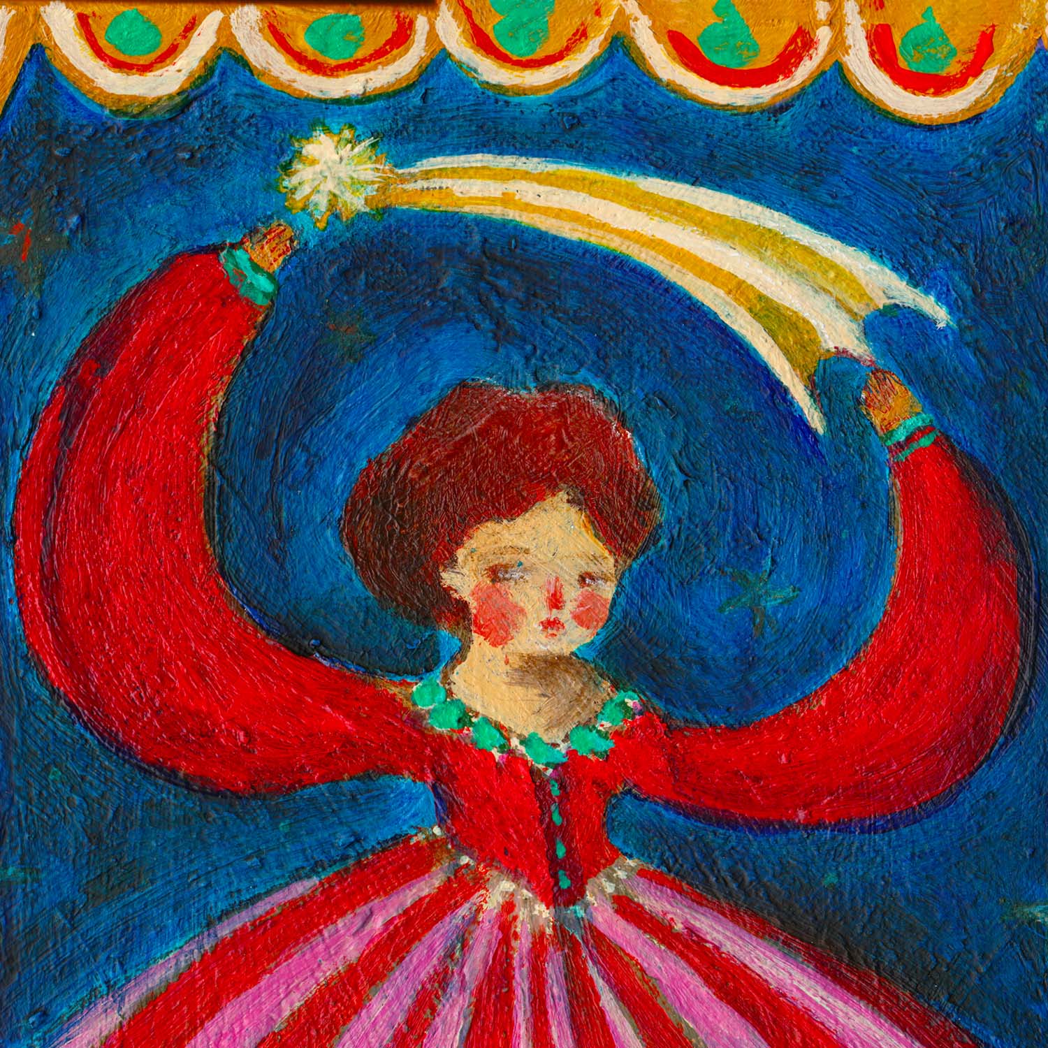 Step into magic with “THE JUGGLER OF WORLDS” by Idania Salcido. A 9x12” acrylic on canvas—folk-art whimsy perfect for collectors and joyful, art-filled homes.