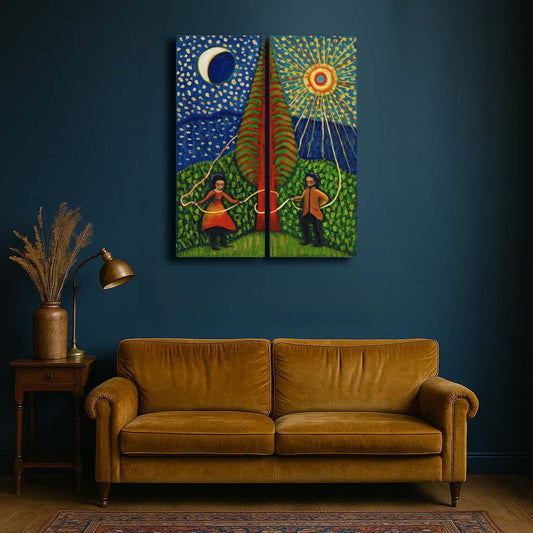 “The Sun Weavers” by Idania Salcido, 16x20” acrylic on canvas—folk-art magic connecting day and night, perfect for soulful, art-filled spaces.