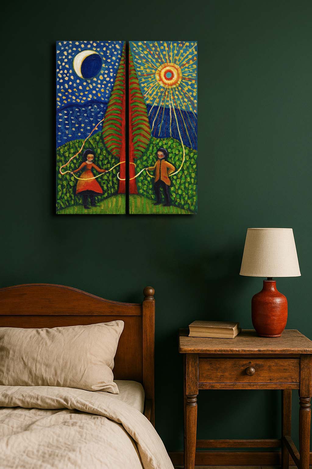 “The Sun Weavers” by Idania Salcido, 16x20” acrylic on canvas—folk-art magic connecting day and night, perfect for soulful, art-filled spaces.