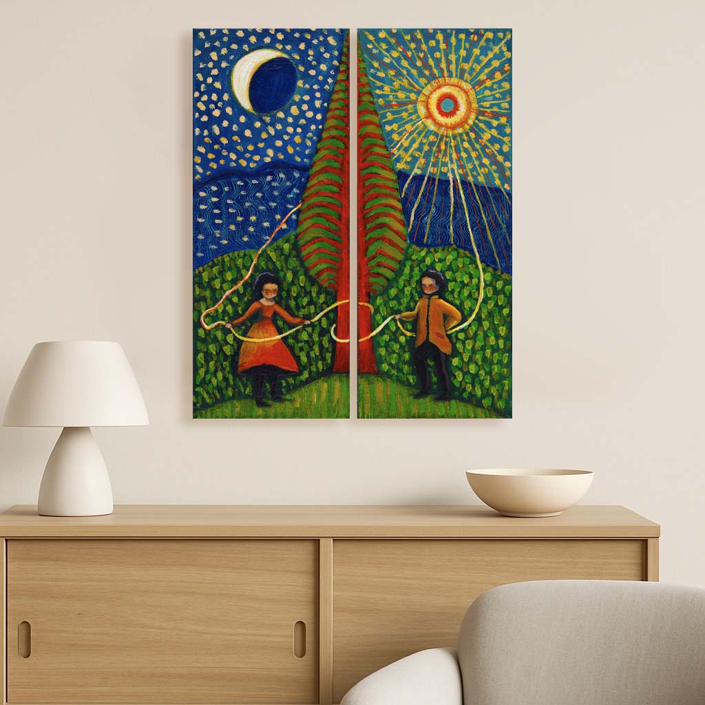 “The Sun Weavers” by Idania Salcido, 16x20” acrylic on canvas—folk-art magic connecting day and night, perfect for soulful, art-filled spaces.