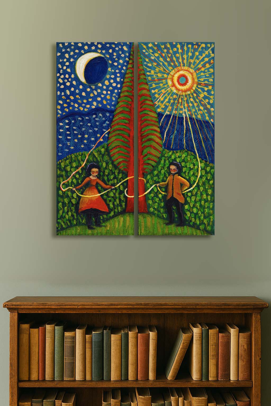 “The Sun Weavers” by Idania Salcido, 16x20” acrylic on canvas—folk-art magic connecting day and night, perfect for soulful, art-filled spaces.