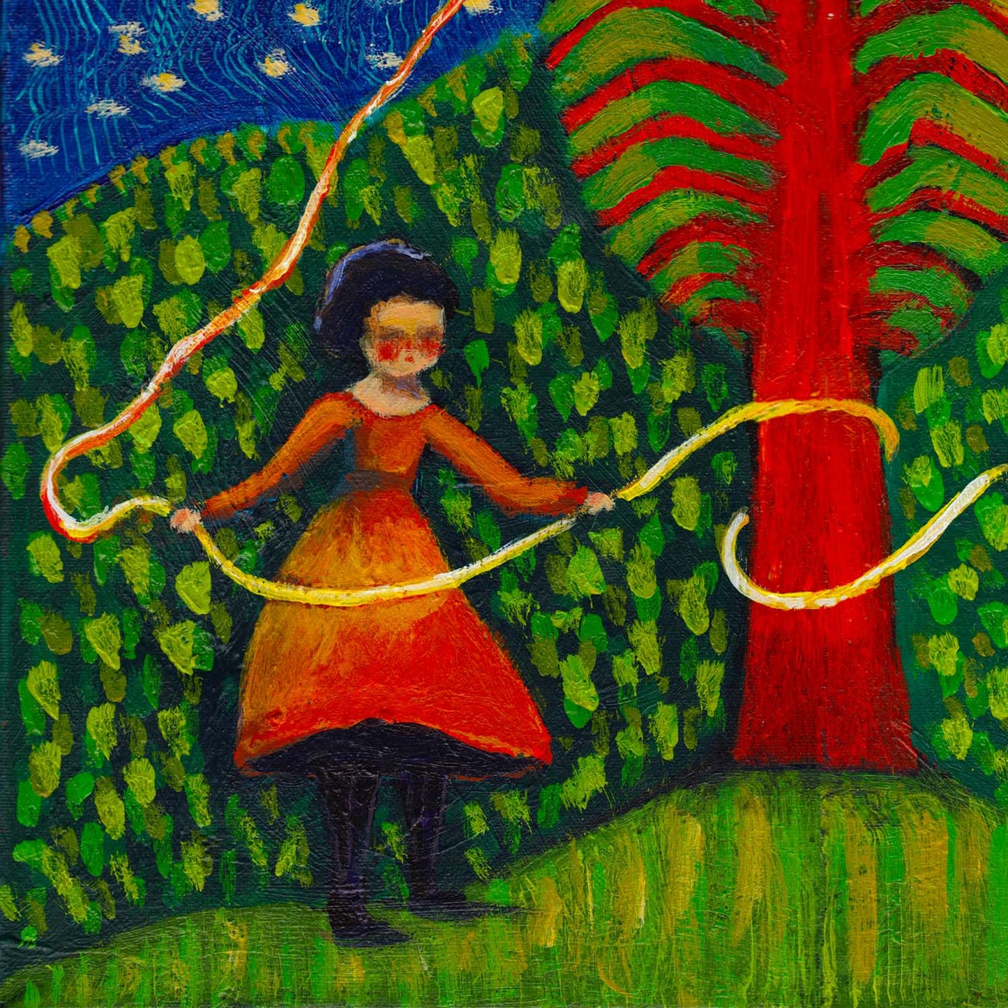 “The Sun Weavers” by Idania Salcido, 16x20” acrylic on canvas—folk-art magic connecting day and night, perfect for soulful, art-filled spaces.