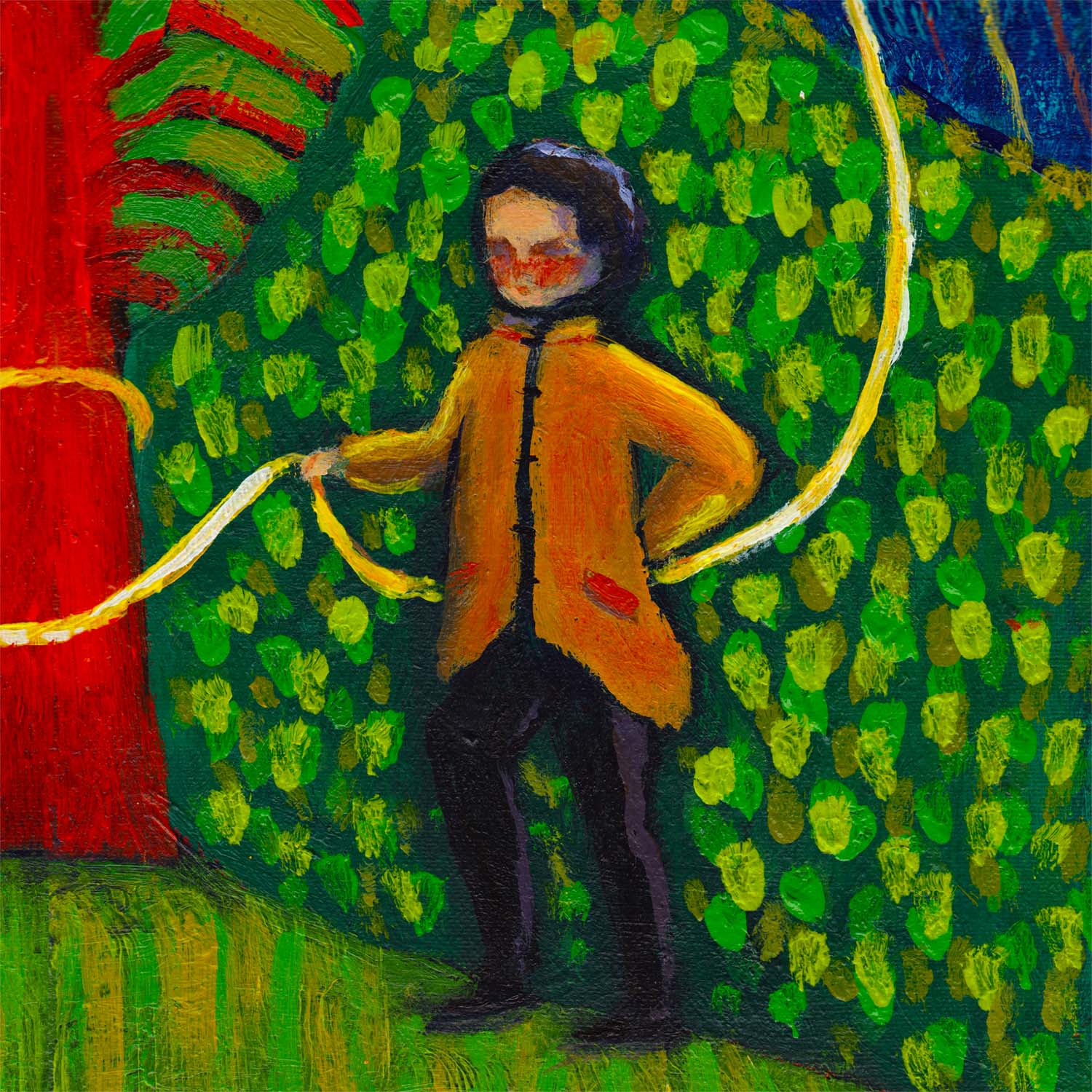 “The Sun Weavers” by Idania Salcido, 16x20” acrylic on canvas—folk-art magic connecting day and night, perfect for soulful, art-filled spaces.