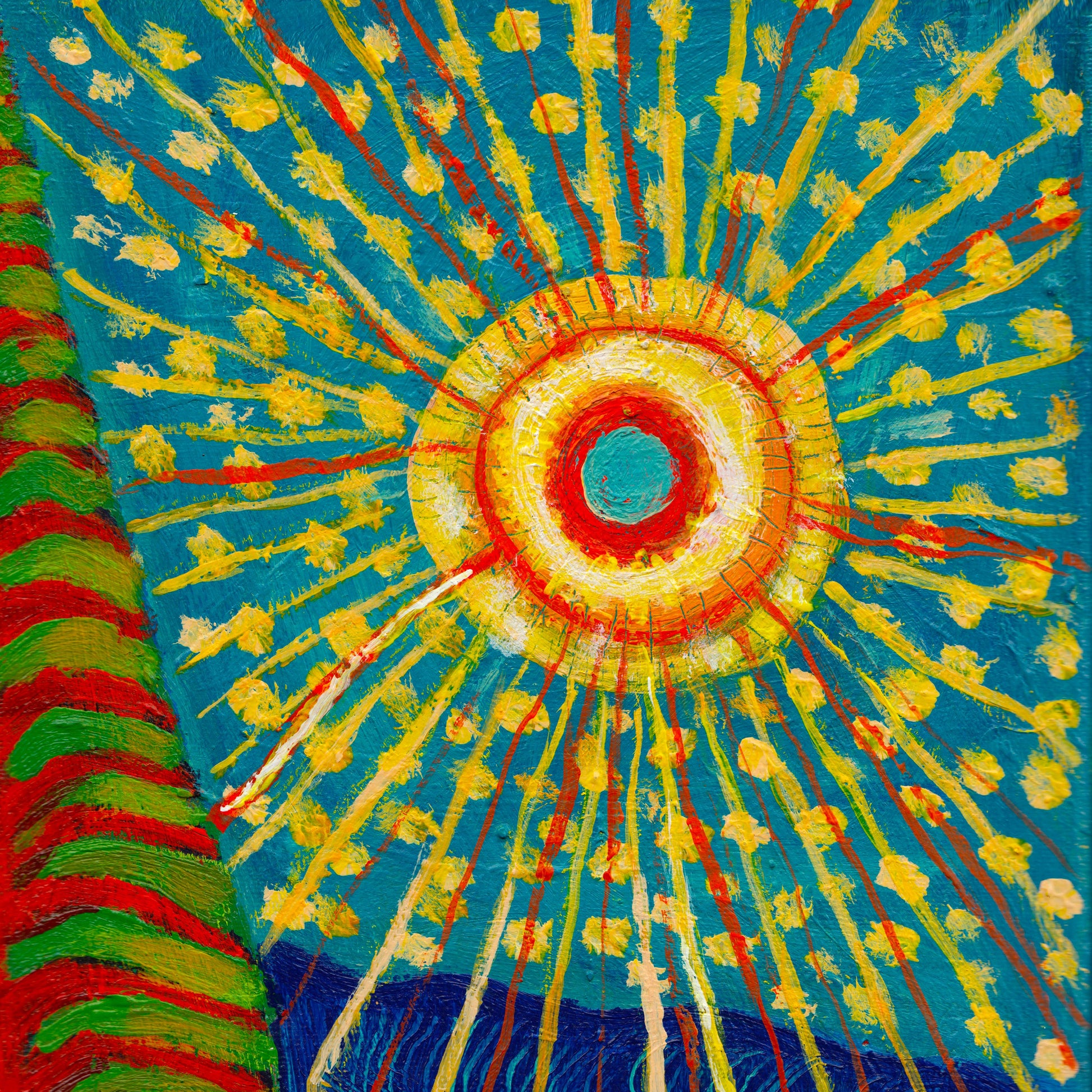 “The Sun Weavers” by Idania Salcido, 16x20” acrylic on canvas—folk-art magic connecting day and night, perfect for soulful, art-filled spaces.