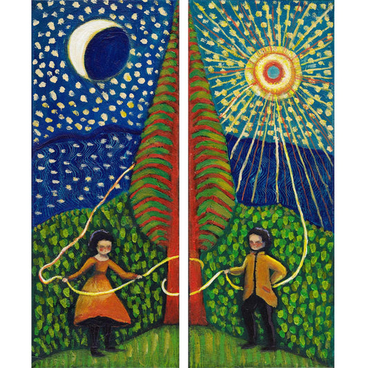 “The Sun Weavers” by Idania Salcido, 16x20” acrylic on canvas—folk-art magic connecting day and night, perfect for soulful, art-filled spaces.