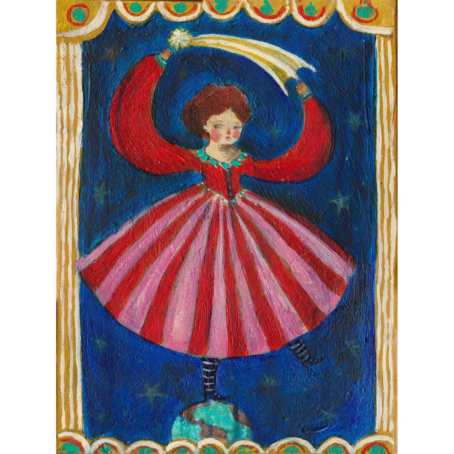Step into magic with “THE JUGGLER OF WORLDS” by Idania Salcido. A 9x12” acrylic on canvas—folk-art whimsy perfect for collectors and joyful, art-filled homes.