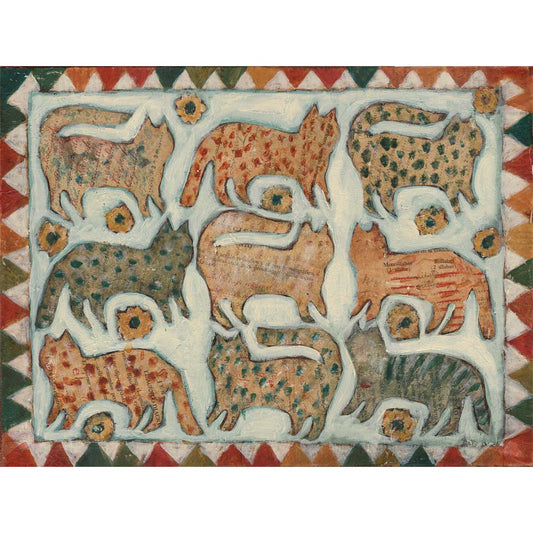 “The Cat Quilt” by Idania Salcido, 12x16” acrylic on canvas—folk-art charm with playful feline patterns, perfect for cat lovers and eclectic homes.