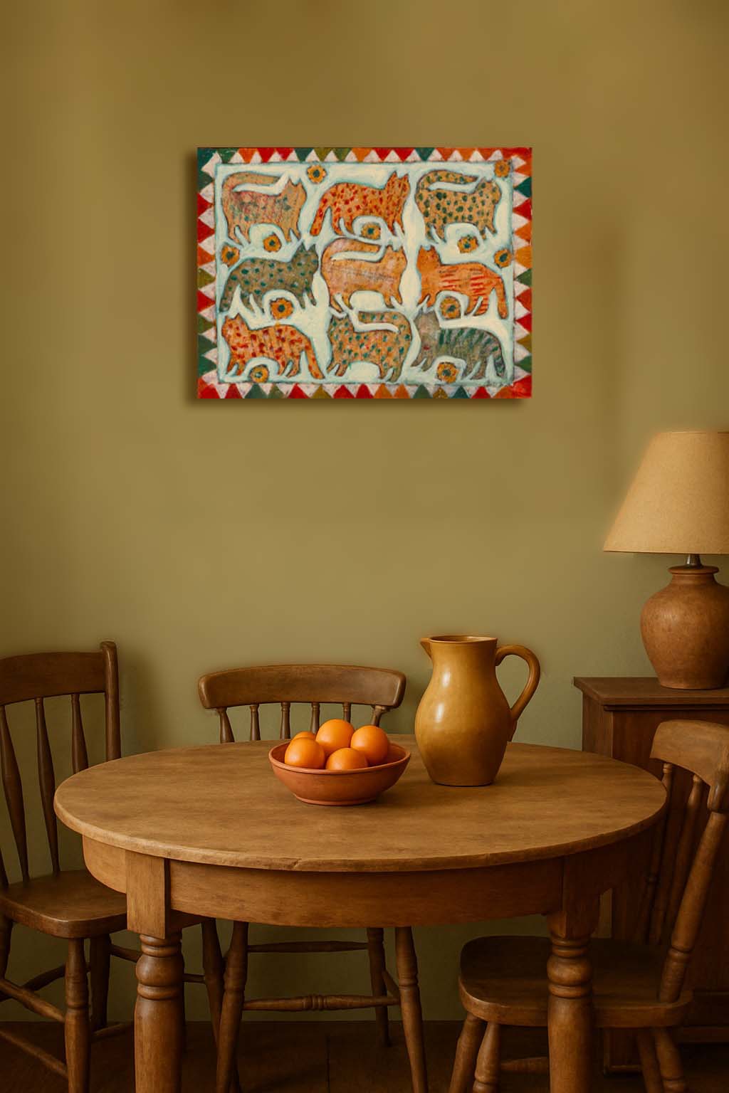 “The Cat Quilt” by Idania Salcido, 12x16” acrylic on canvas—folk-art charm with playful feline patterns, perfect for cat lovers and eclectic homes.