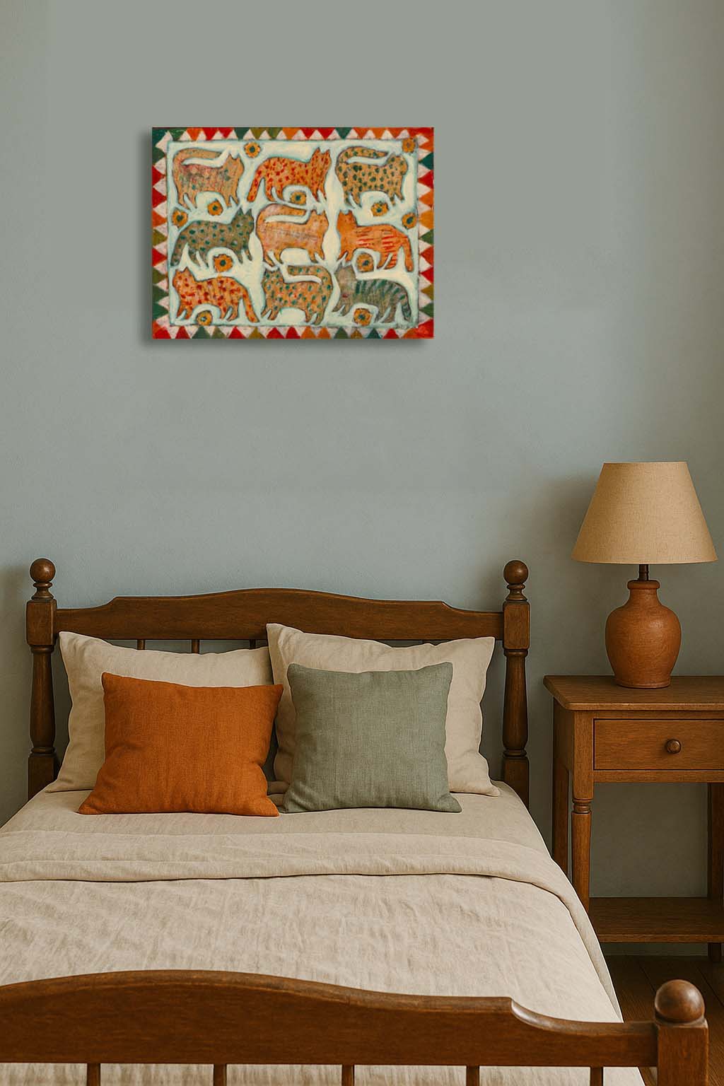 “The Cat Quilt” by Idania Salcido, 12x16” acrylic on canvas—folk-art charm with playful feline patterns, perfect for cat lovers and eclectic homes.