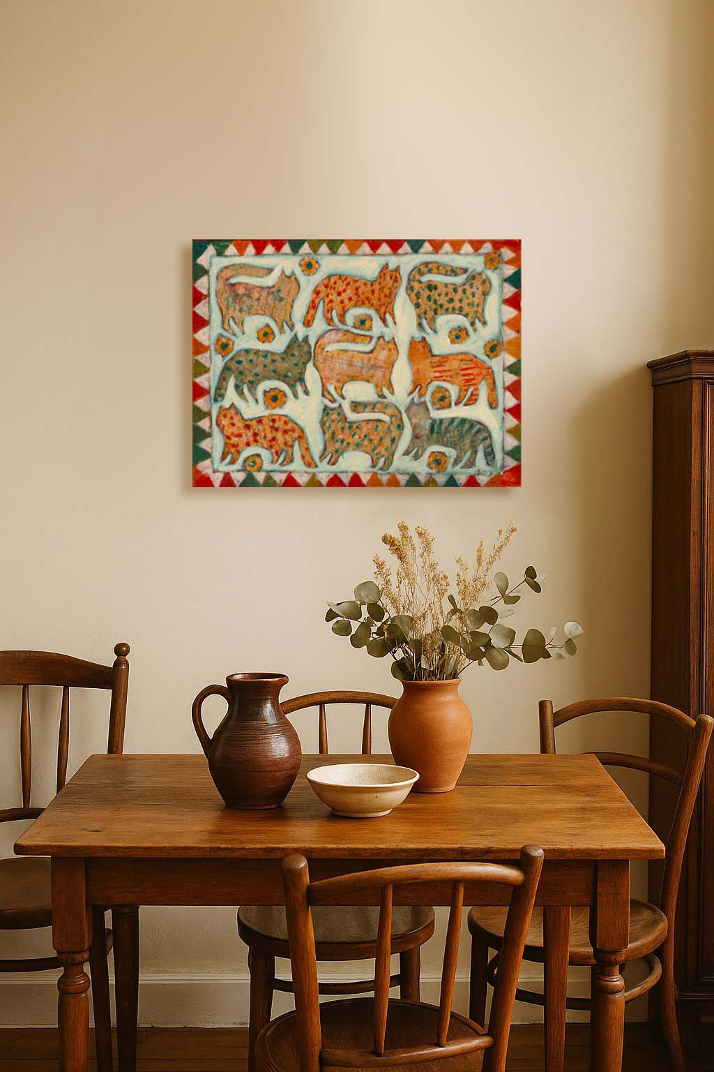 “The Cat Quilt” by Idania Salcido, 12x16” acrylic on canvas—folk-art charm with playful feline patterns, perfect for cat lovers and eclectic homes.
