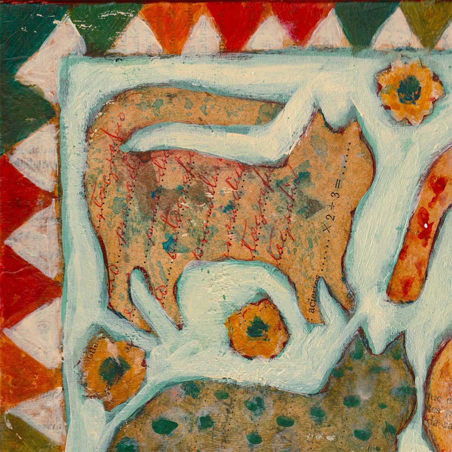 “The Cat Quilt” by Idania Salcido, 12x16” acrylic on canvas—folk-art charm with playful feline patterns, perfect for cat lovers and eclectic homes.