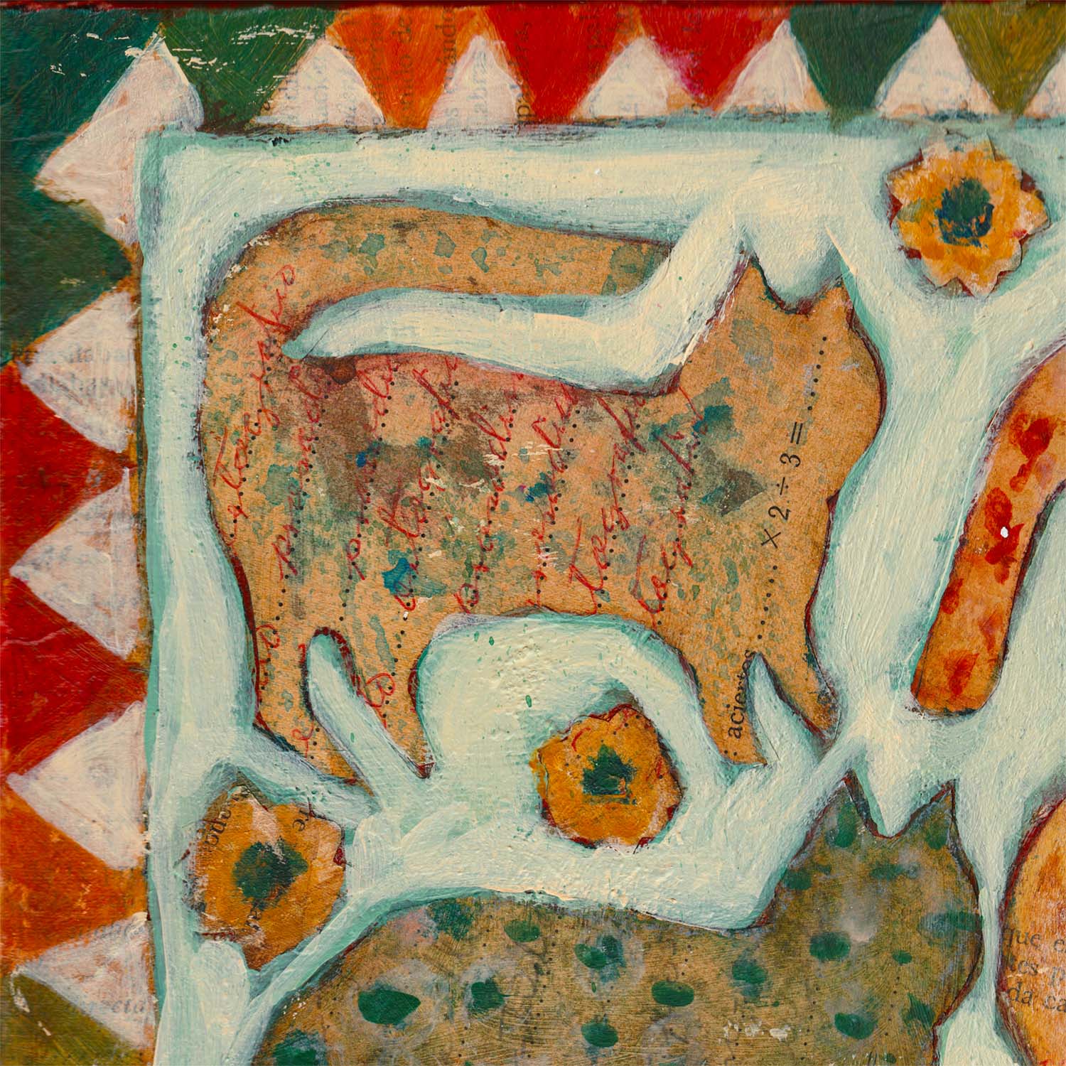 “The Cat Quilt” by Idania Salcido, 12x16” acrylic on canvas—folk-art charm with playful feline patterns, perfect for cat lovers and eclectic homes.