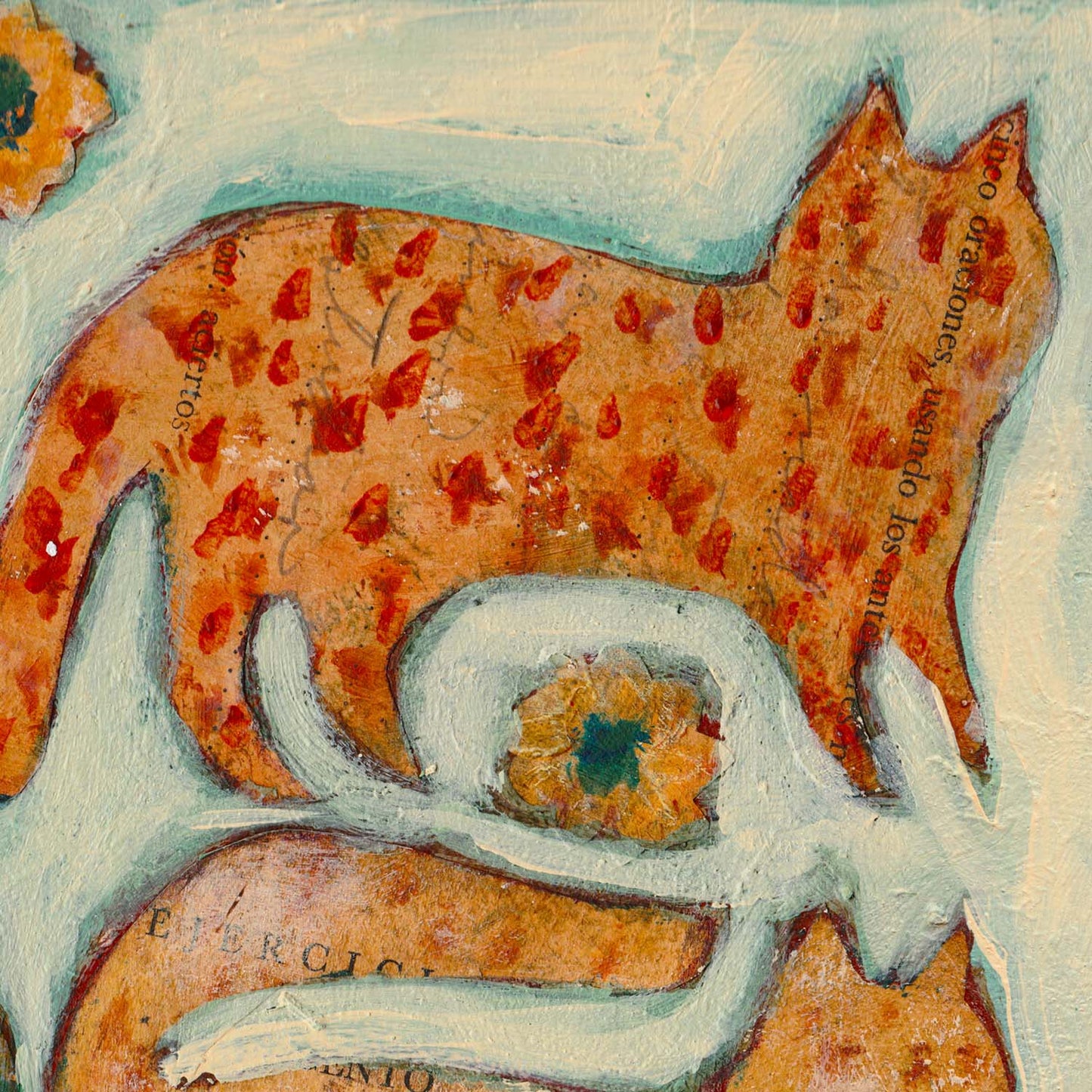 “The Cat Quilt” by Idania Salcido, 12x16” acrylic on canvas—folk-art charm with playful feline patterns, perfect for cat lovers and eclectic homes.