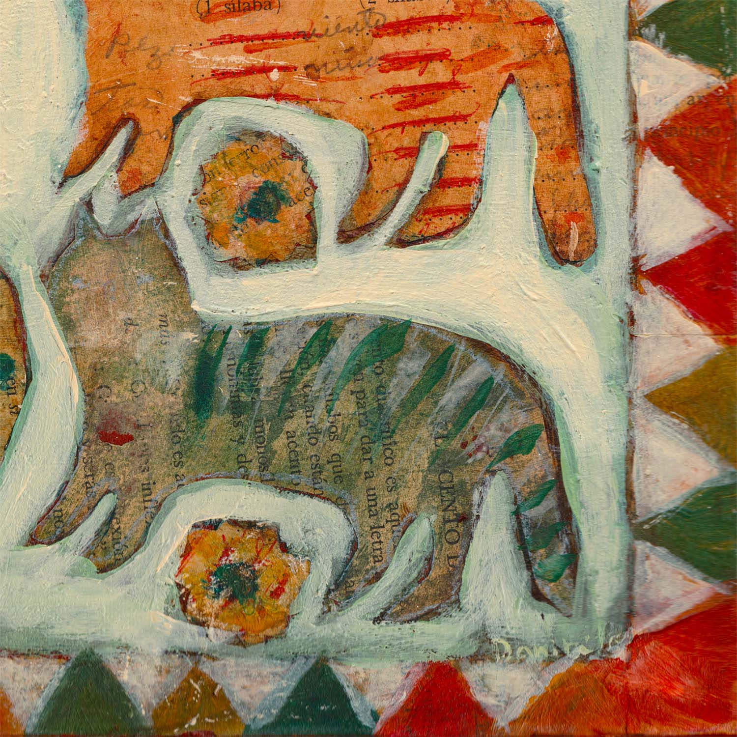 “The Cat Quilt” by Idania Salcido, 12x16” acrylic on canvas—folk-art charm with playful feline patterns, perfect for cat lovers and eclectic homes.