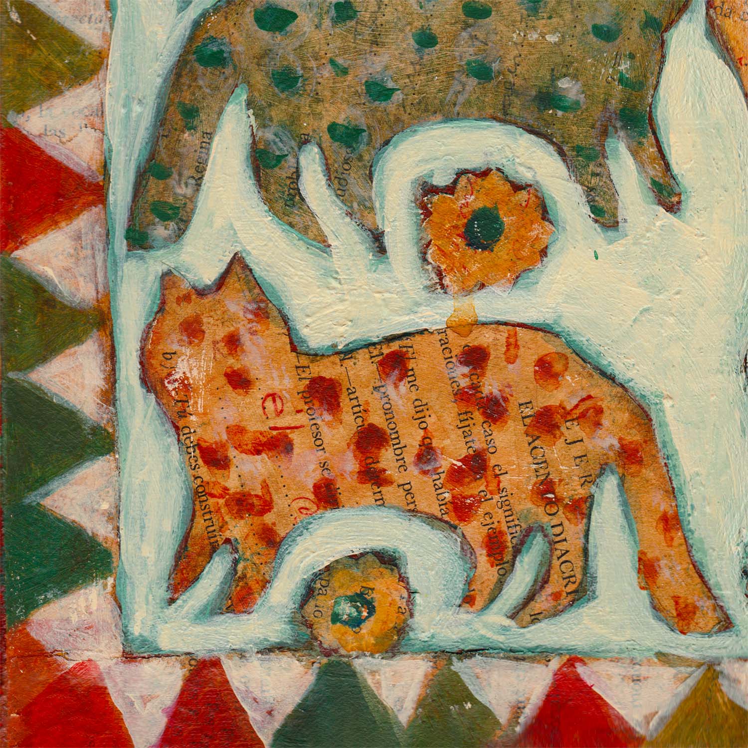 “The Cat Quilt” by Idania Salcido, 12x16” acrylic on canvas—folk-art charm with playful feline patterns, perfect for cat lovers and eclectic homes.