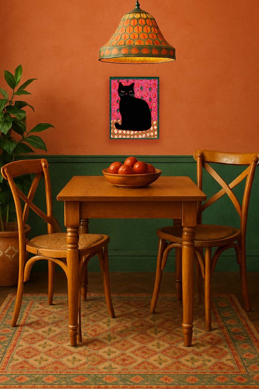 Charming black cat on vibrant folk-art patterns, hand-painted by Idania Salcido. 8x10” acrylic on canvas—perfect for adding warmth and character to your home.