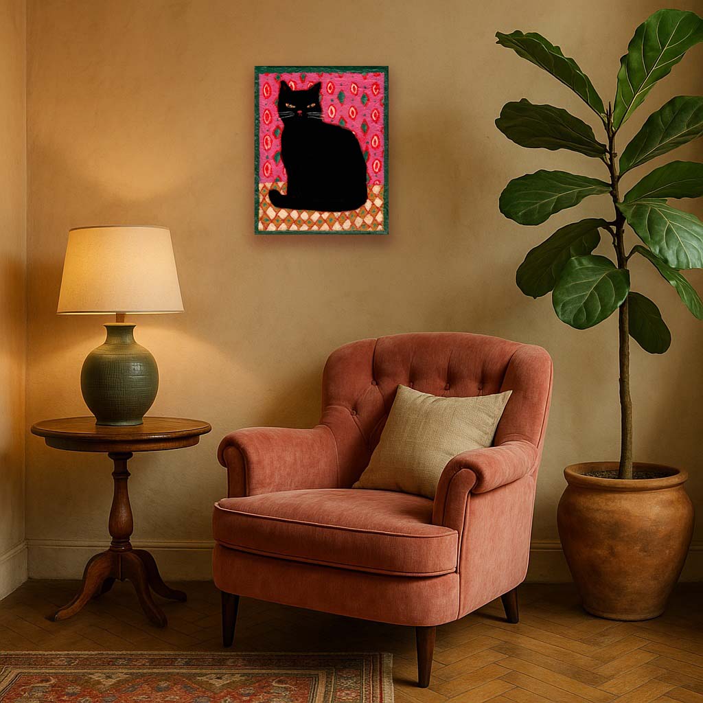 Charming black cat on vibrant folk-art patterns, hand-painted by Idania Salcido. 8x10” acrylic on canvas—perfect for adding warmth and character to your home.