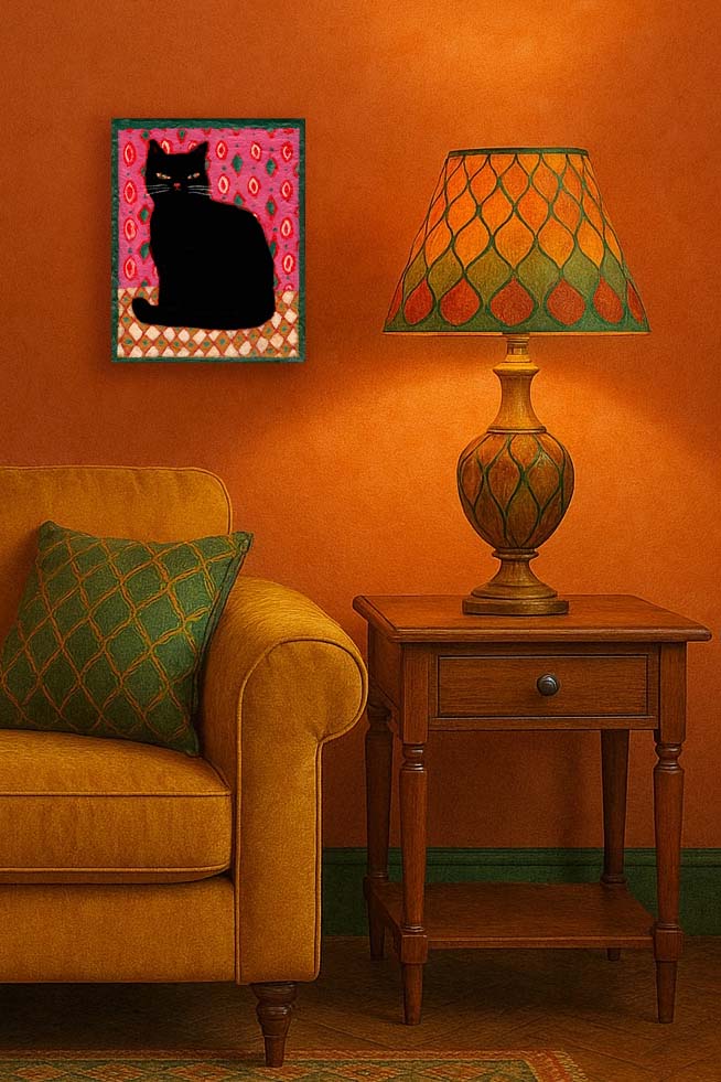 Charming black cat on vibrant folk-art patterns, hand-painted by Idania Salcido. 8x10” acrylic on canvas—perfect for adding warmth and character to your home.