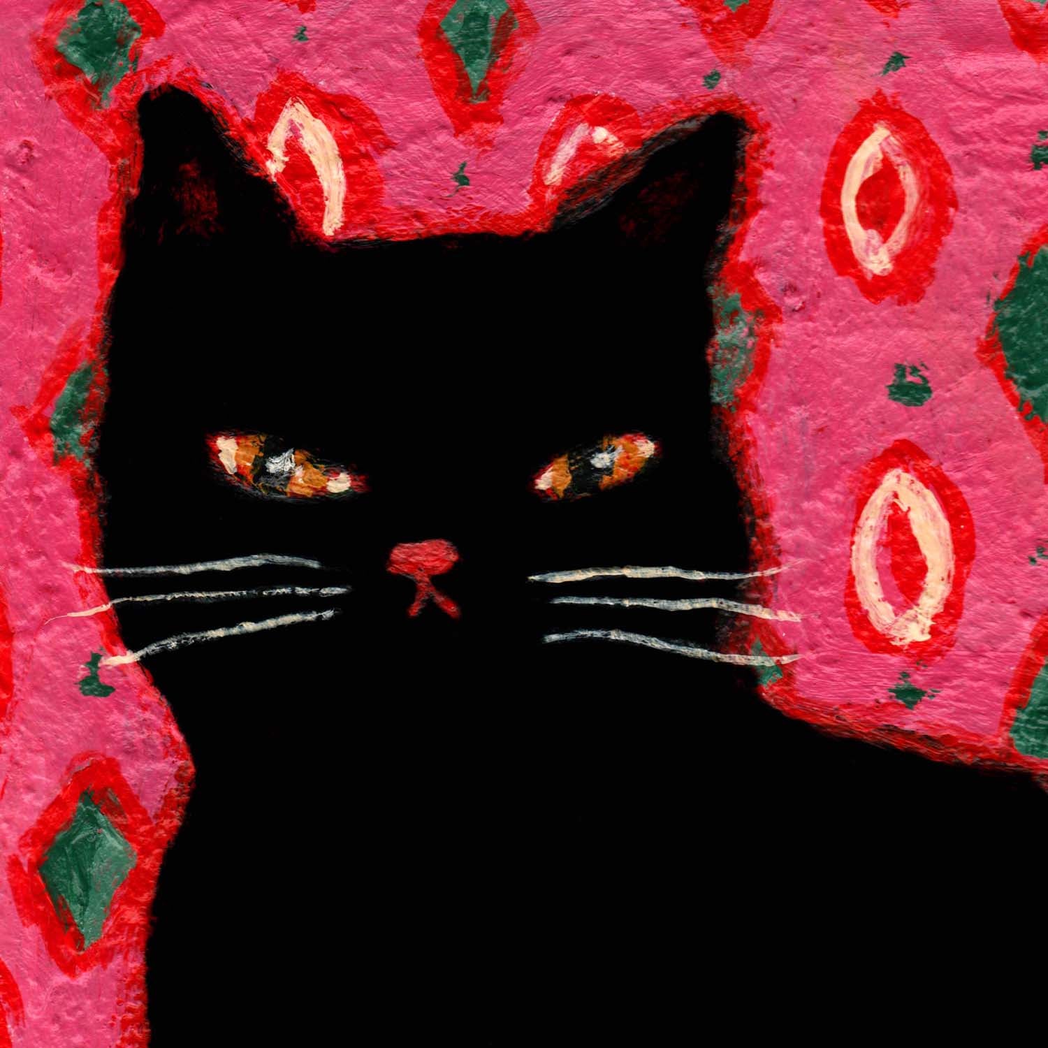 Charming black cat on vibrant folk-art patterns, hand-painted by Idania Salcido. 8x10” acrylic on canvas—perfect for adding warmth and character to your home.