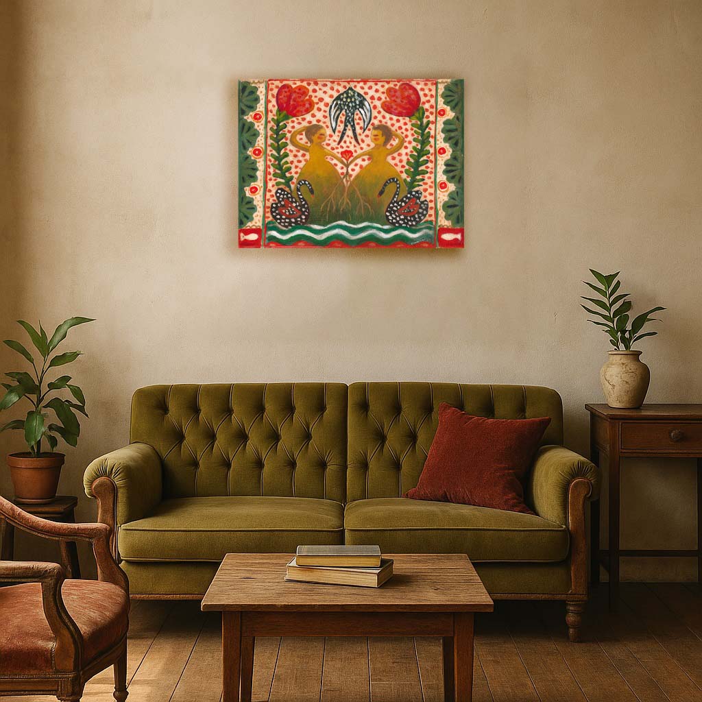 “Tangled” by Idania Salcido, 12x16” acrylic on canvas—folk-art beauty with swans, flowers, and sisterly bonds, perfect for joyful, eclectic homes.