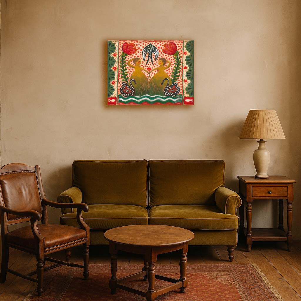 “Tangled” by Idania Salcido, 12x16” acrylic on canvas—folk-art beauty with swans, flowers, and sisterly bonds, perfect for joyful, eclectic homes.