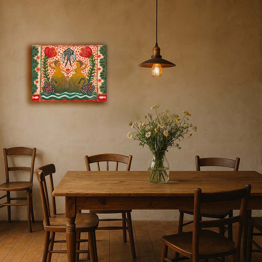 “Tangled” by Idania Salcido, 12x16” acrylic on canvas—folk-art beauty with swans, flowers, and sisterly bonds, perfect for joyful, eclectic homes.