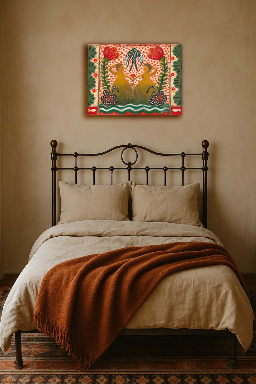 “Tangled” by Idania Salcido, 12x16” acrylic on canvas—folk-art beauty with swans, flowers, and sisterly bonds, perfect for joyful, eclectic homes.