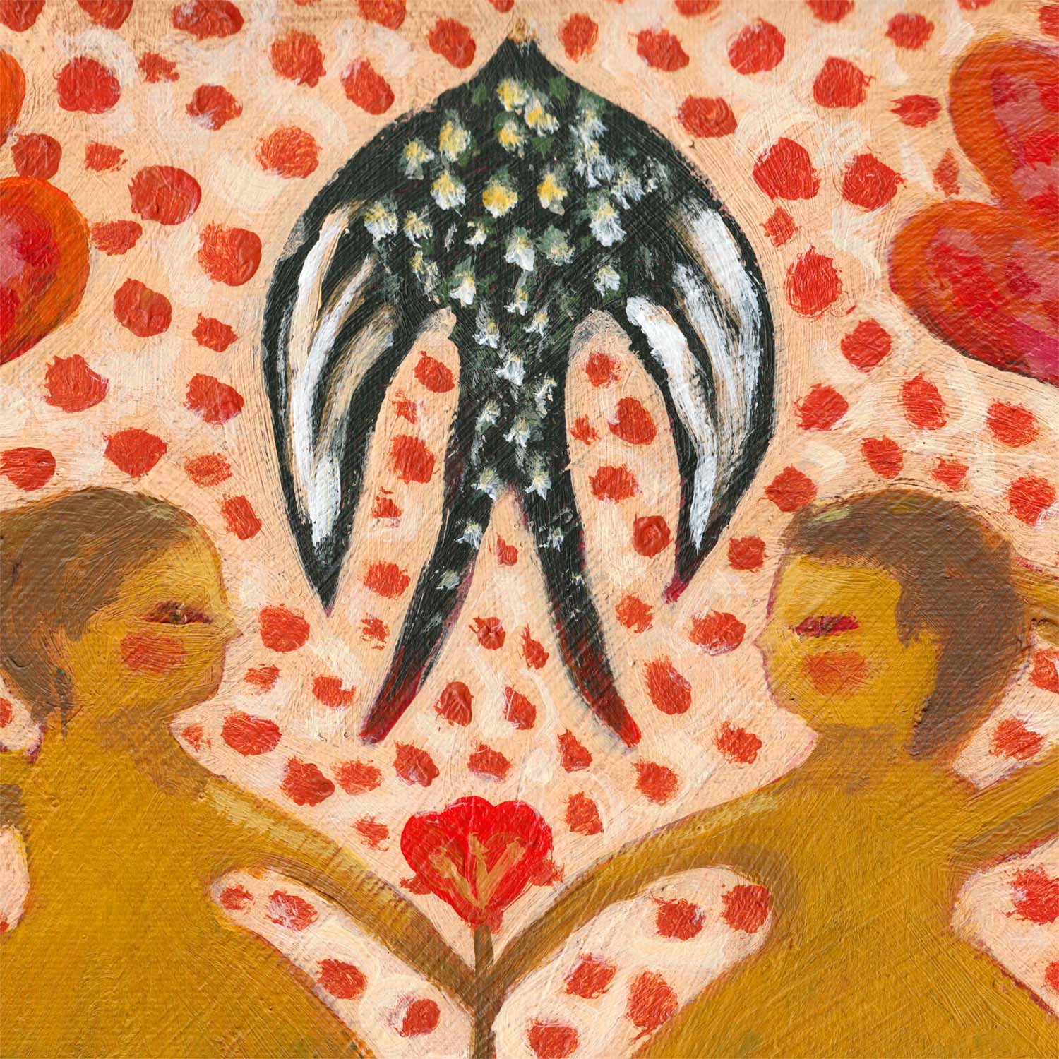 “Tangled” by Idania Salcido, 12x16” acrylic on canvas—folk-art beauty with swans, flowers, and sisterly bonds, perfect for joyful, eclectic homes.