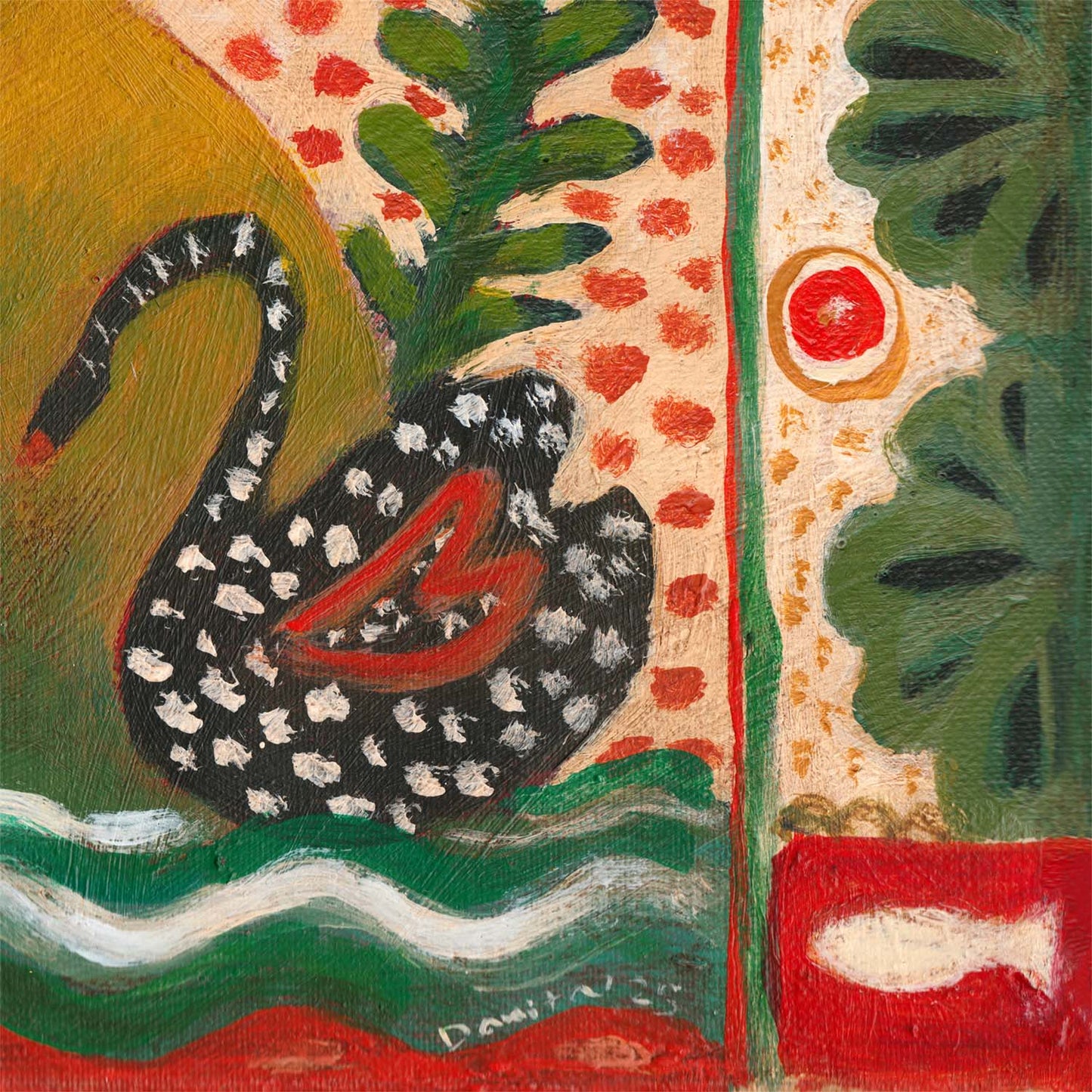 “Tangled” by Idania Salcido, 12x16” acrylic on canvas—folk-art beauty with swans, flowers, and sisterly bonds, perfect for joyful, eclectic homes.