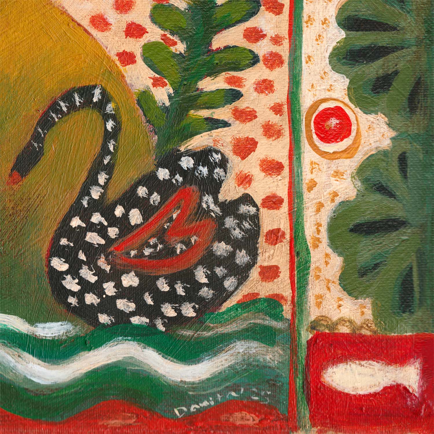 “Tangled” by Idania Salcido, 12x16” acrylic on canvas—folk-art beauty with swans, flowers, and sisterly bonds, perfect for joyful, eclectic homes.