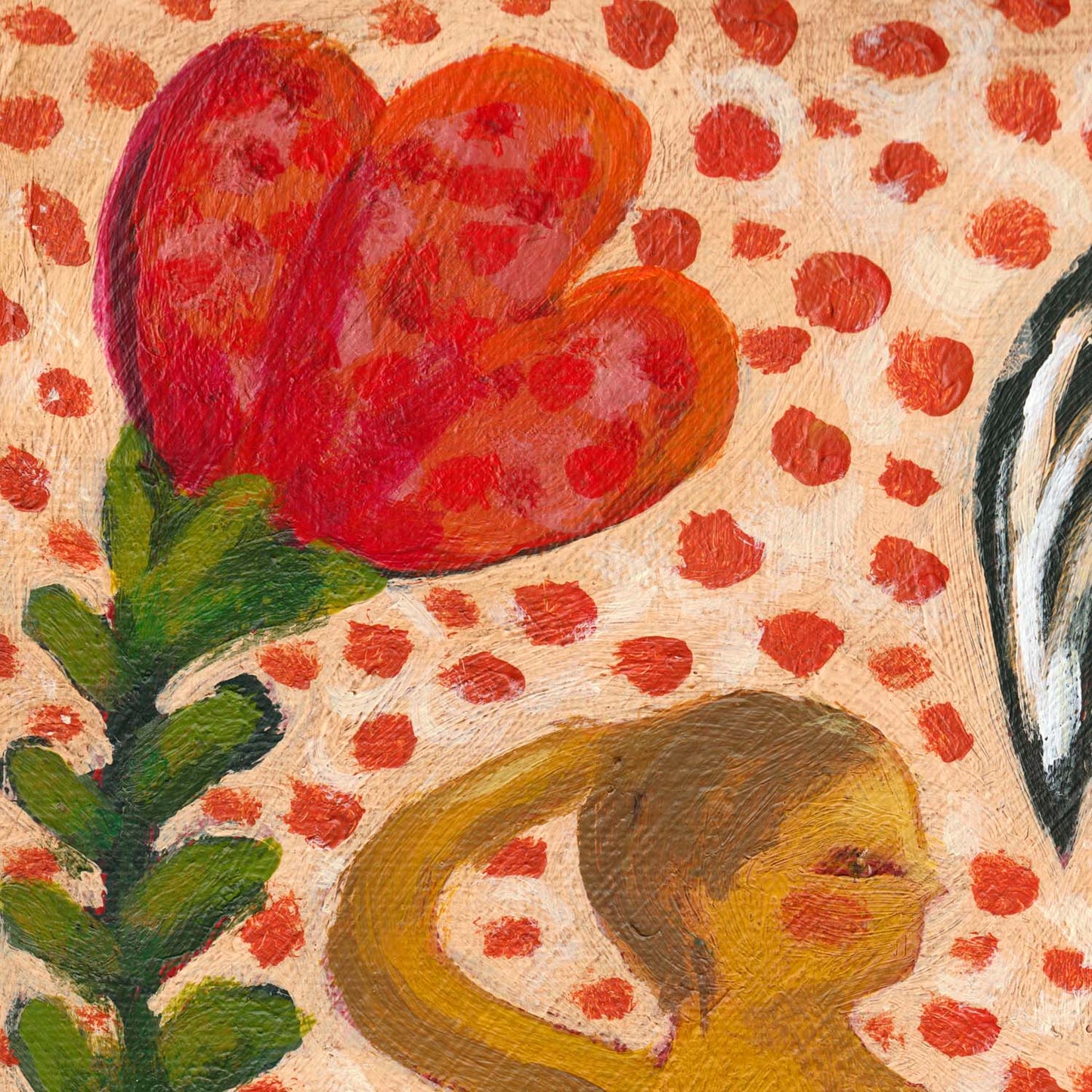 “Tangled” by Idania Salcido, 12x16” acrylic on canvas—folk-art beauty with swans, flowers, and sisterly bonds, perfect for joyful, eclectic homes.