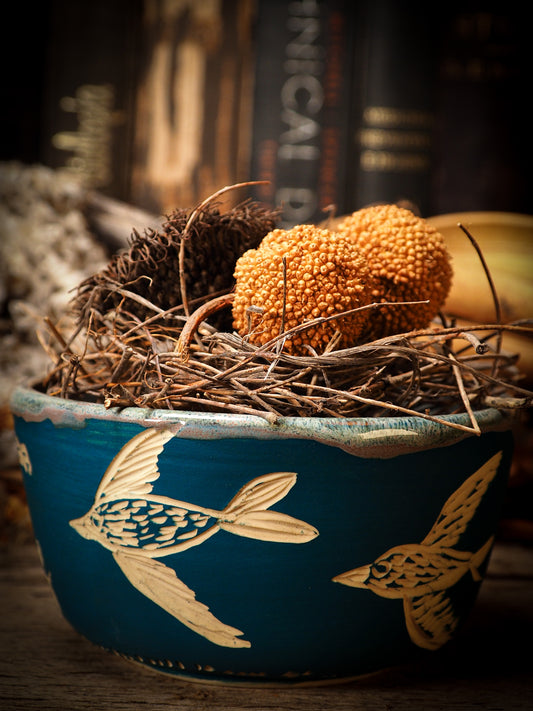 You are looking at original handmade fire glazed stoneware ceramic piece with sgraffito bird and peasant girl motifs in a deep aquamarine color by Idania Salcido, the artist behind Danita Art.  Each original Danita Art ceramics piece is unique and special and cannot be repeated. You are getting a one of a kind work of art to display, or use it as one of your favorite home decorations.