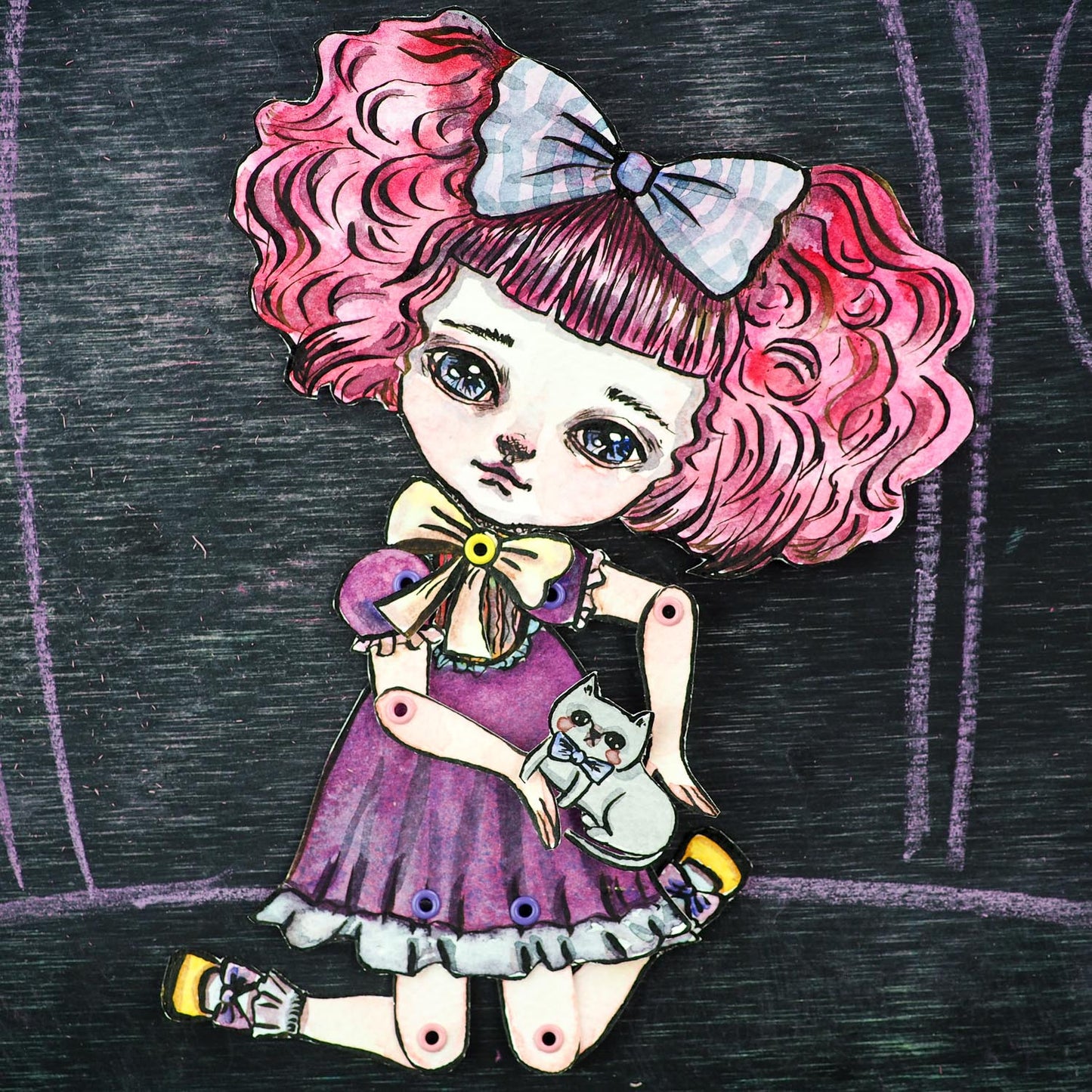 Kawaii bubble bum pink hair watercolor girl by Danita. Perfect gift for cat and animal pet lovers.