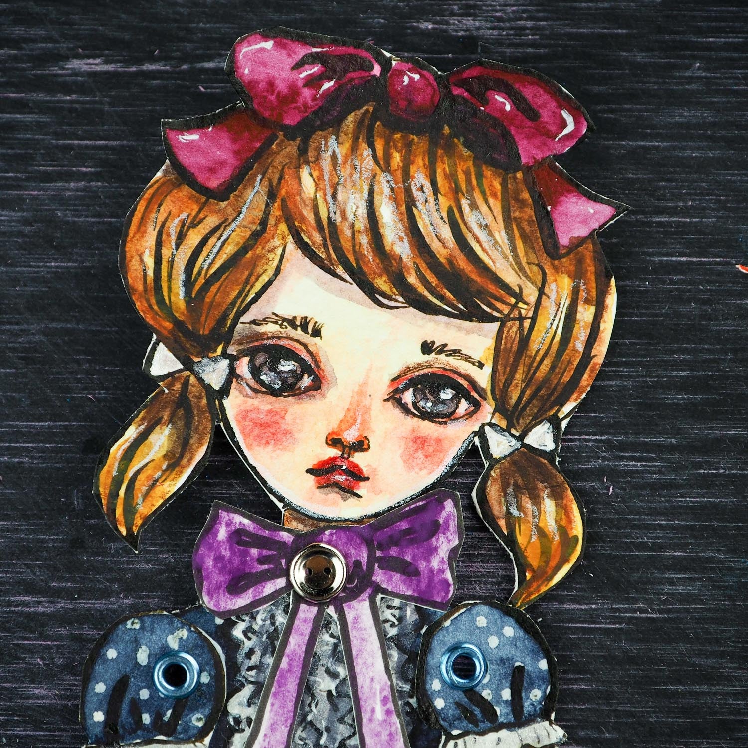 Original dress-up paper doll by Danita. Watercolor painting and mixed media, pencil, ink, charcoal create beautiful wall art doll.
