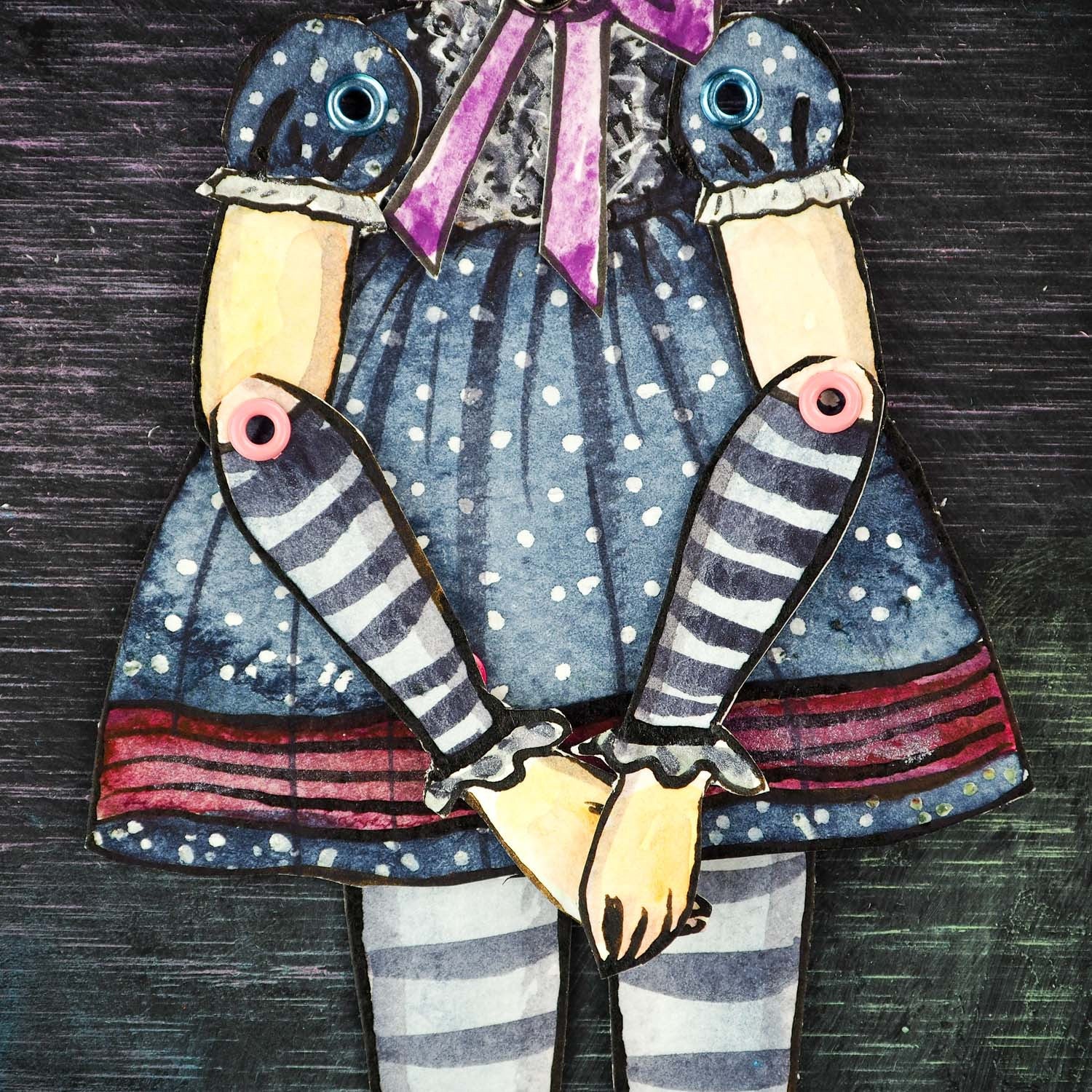 Original dress-up paper doll by Danita. Watercolor painting and mixed media, pencil, ink, charcoal create beautiful wall art doll.
