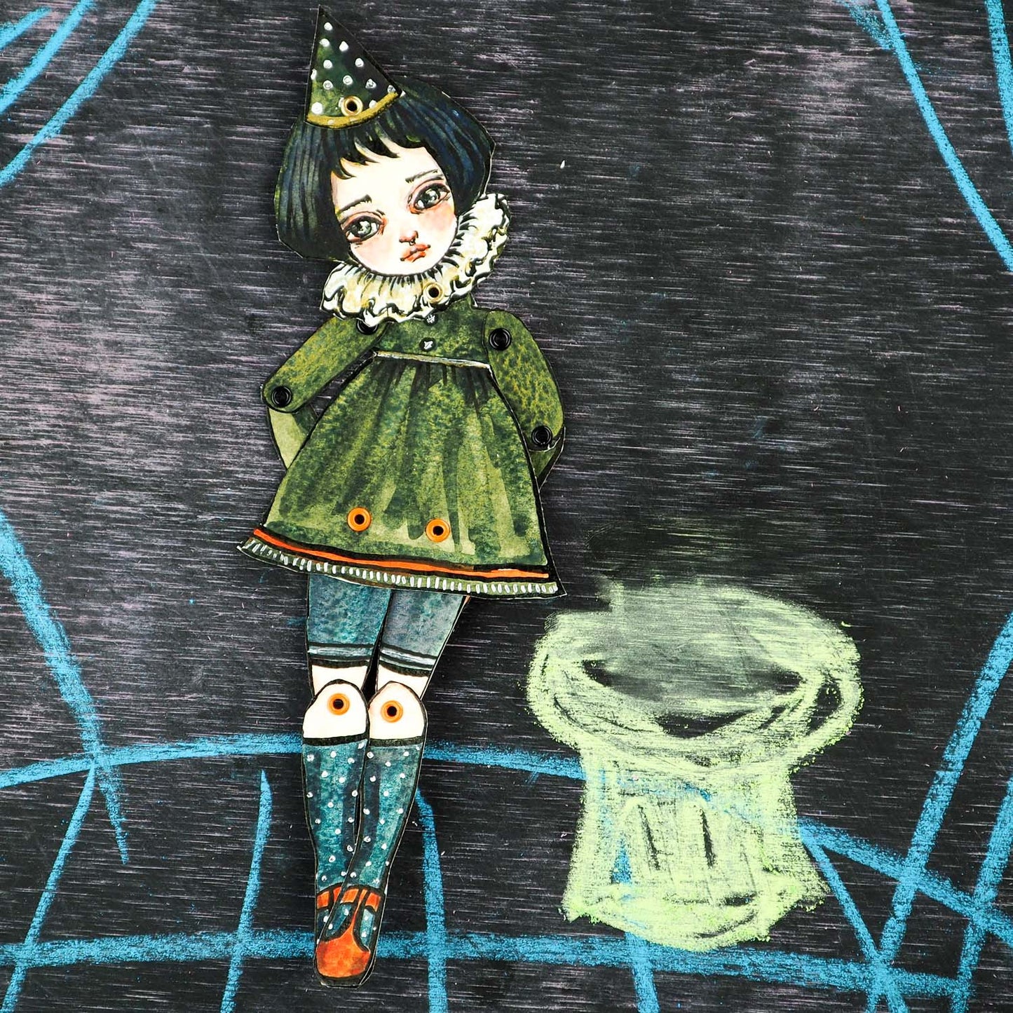 Original watercolor painting by Danita. It is a watercolor painting turned into the most beautiful posable paper doll. What adventures will you and this art doll when you hold her in your hands?