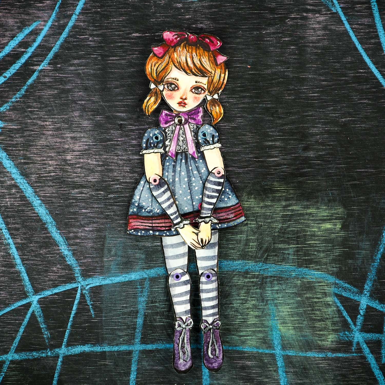 Original dress-up paper doll by Danita. Watercolor painting and mixed media, pencil, ink, charcoal create beautiful wall art doll.