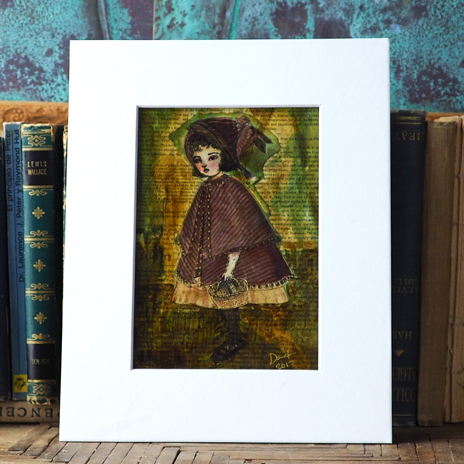 An original mixed media original panting by Danita. Little red riding hood in collage, watercolors and inks.