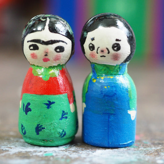 Frida and Diego - Micro kokeshi wood peg dolls by Danita, Miniature Dolls by Danita Art