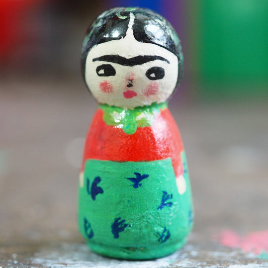 Frida and Diego - Micro kokeshi wood peg dolls by Danita, Miniature Dolls by Danita Art