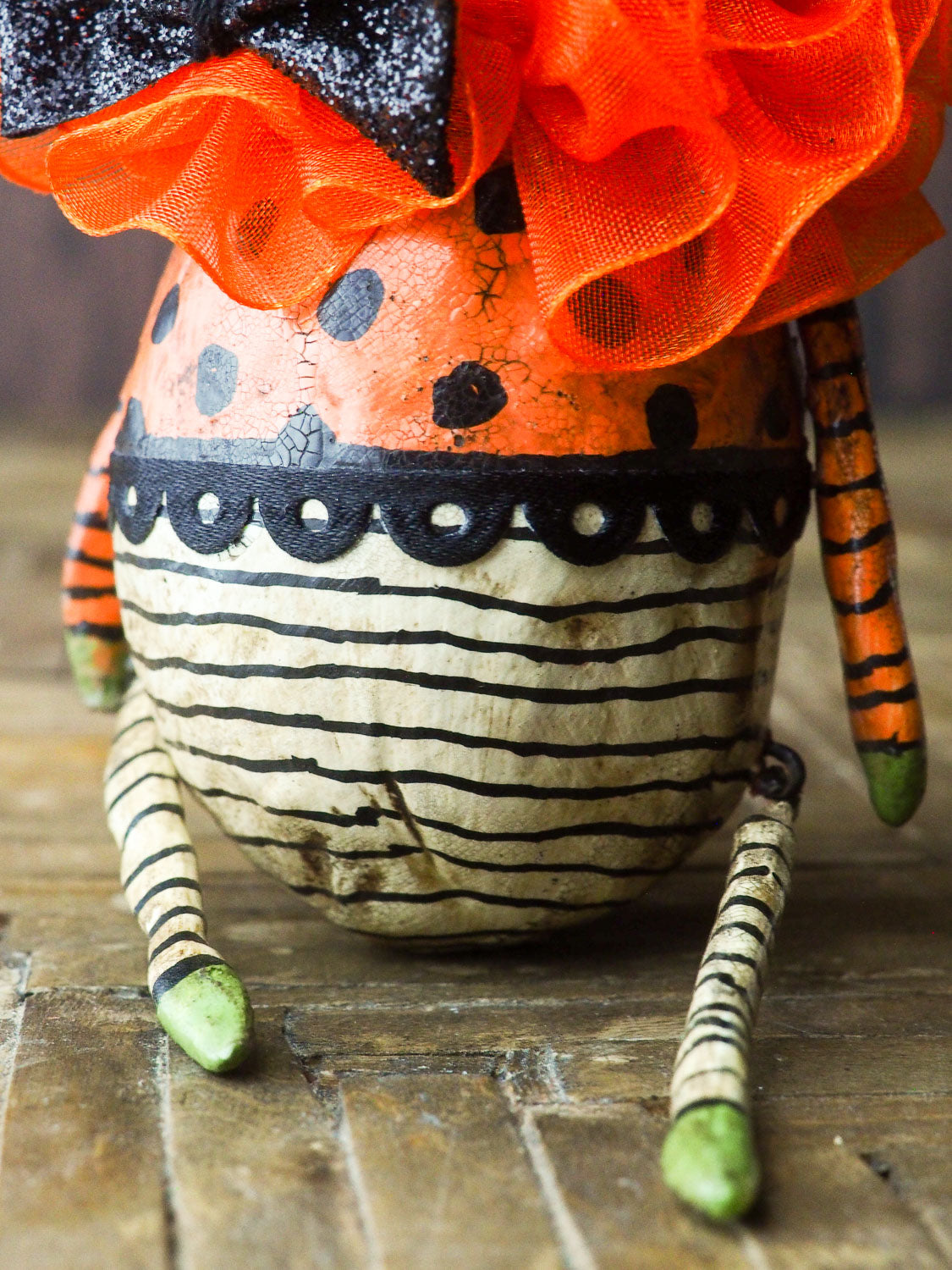 Original Halloween art doll original creation by Danita Art. Paper Clay, sculpted and painted in a spooky whimsical unique work of art. Pumpkin.