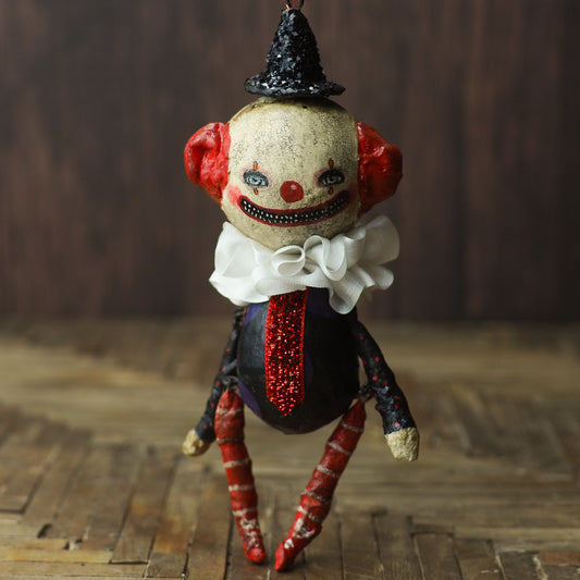 Original Halloween art doll original creation by Danita Art. Paper Clay, sculpted and painted in a spooky whimsical unique work of art. Clown IT Pennywise Evil.