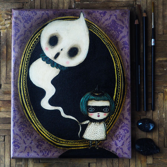 An original painting by Danita. Decorate Halloween with wall art, original home decor ghost, girl witch in a whimsical and friendly style. Acrylic Paint Oil Paint Pastels Pencil Graphite Art