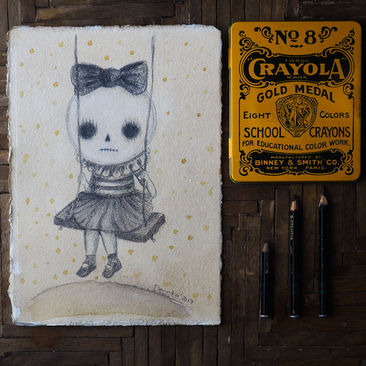 Skull girl swinging on a swing in the park. Original Halloween Art. Graphite pencil drawing painting by Danita Art.